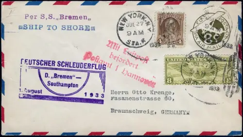 Katapult 1933 USA Ganzsache mit ZuF Landpost Deutschland Catapult H 132 a / 1111