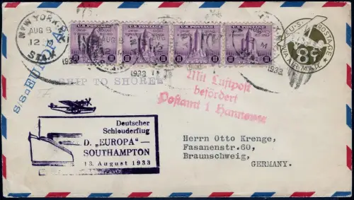 Katapult 1933 USA Ganzsache mit ZuF Landpost Deutschland Catapult H 135 a / 1112