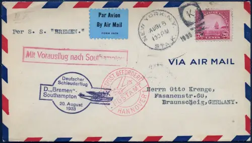 Katapult 1933 USA Brief New York Landpost Deutschland Catapult H 136 a / 1113