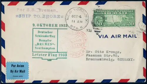 Katapult 1933 USA Brief New York Landpost Deutschland Catapult H 148 a / 1114