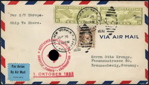 Katapult 1933 USA Brief New York Landpost Deutschland Catapult H 146 a / 1115