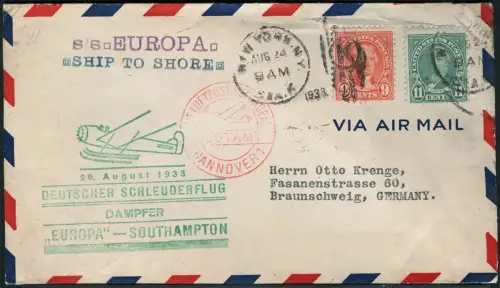 Katapult 1933 USA Brief New York Landpost Deutschland Catapult H 138 a / 1116