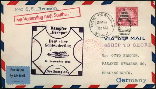 Katapult 1933 USA Brief New York Landpost Deutschland Catapult H 142 a / 1117
