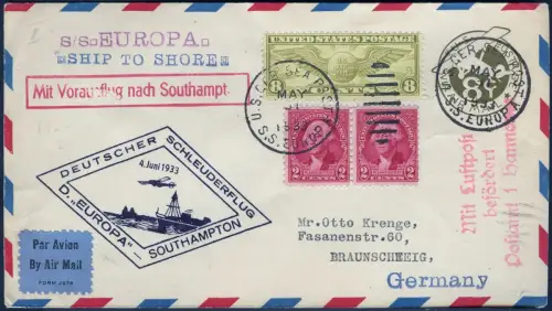 Katapult 1933 USA Ganzsache mit ZuF Seepost Deutschland Catapult H 118 b / 1118