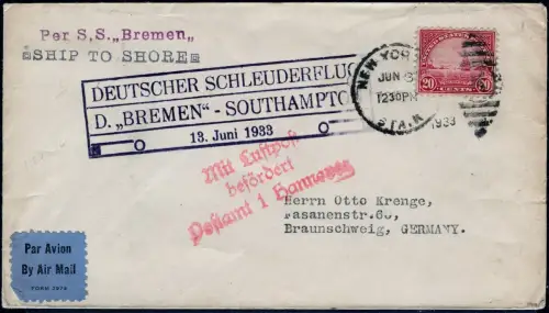 Katapult 1933 USA Brief Landpost New York Deutschland Catapult H 120 a / 1119