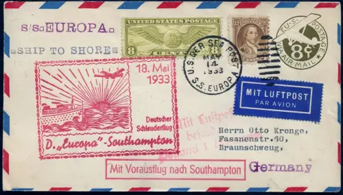 Katapult 1933 USA Ganzsache mit ZuF Seepost Deutschland Catapult H 115 b / 1123