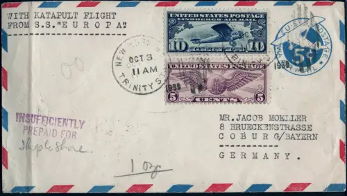Katapult 1930 USA Brief Seepost Insufficiently Prepaid Coburg Catapult /1126