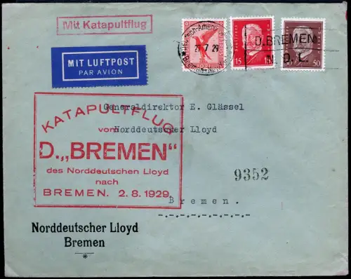 Katapult 1929 Dt. Reich Brief Seepostaufgabe Dampfer Bremen Catapult H 2 b/ 1134