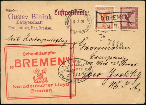 Katapult 1929 Dt. Reich Ganzsache ZuF Seepostaufgabe Bremen Catapult H 1 b/ 1135