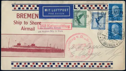 Katapult 1929 Dt. Reich Roessler-Brief Seepostaufgabe USA Catapult H 4 c / 1139