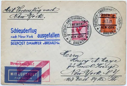 Katapult 1931 Dt. Reich Brief Seepostaufgabe Flugausfall Catapult H 59 b / 1154