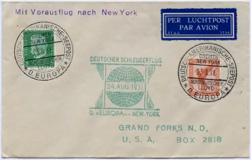 Katapult 1931 Dt. Reich Brief Seepostaufgabe USA Catapult H 65 b / 1158
