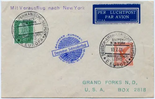 Katapult 1931 Dt. Reich Brief Seepostaufgabe USA Catapult H 58 b / 1162