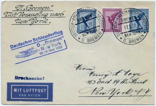 Katapult 1932 Dt. Reich Brief Seepost Bremen New York Catapult H 79 b / 1165