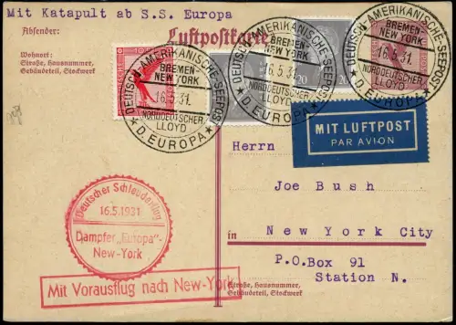 Katapult 1931 Dt. Reich Postkarte Dampfer Europa Seepost NY Catapult H 41 b/1146