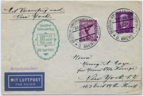 Katapult 1931 Dt. Reich Brief Seepostaufgabe New York USA Catapult H 52 b / 1152