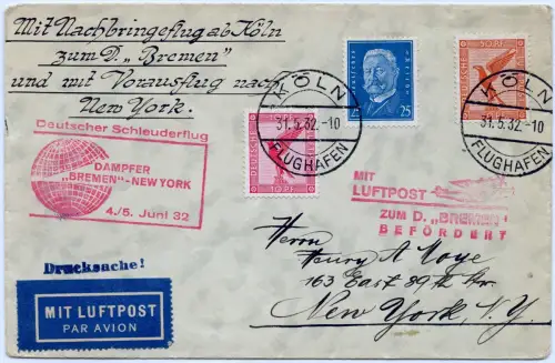 Katapult 1932 Dt. Reich Brief Nachbringeflug Köln New York Catapult H 83 c/ 1167