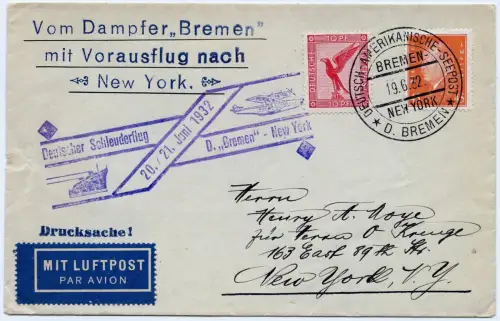 Katapult 1932 Dt. Reich Brief Seepost Bremen New York Catapult H 87 b / 1169