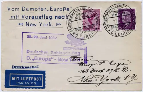 Katapult 1932 Dt. Reich Brief Seepost Europa New York Catapult H 89 b / 1171