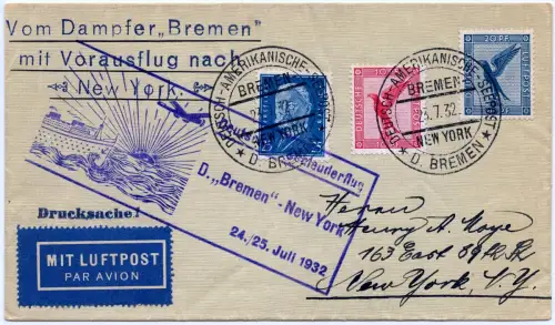 Katapult 1932 Dt. Reich Brief Seepost Bremen New York Catapult H 95 b / 1176