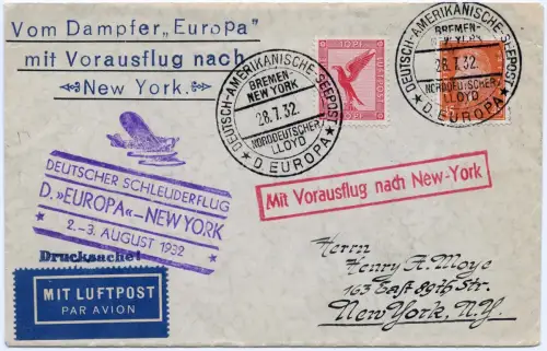Katapult 1932 Dt. Reich Brief Seepost Europa New York Catapult H 97 b / 1177