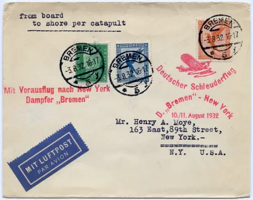 Katapult 1932 Dt. Reich Brief Landpost Bremen New York Catapult H 99 a / 1178