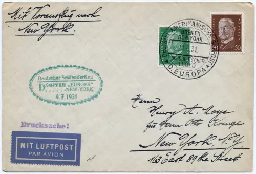 Katapult 1931 Dt. Reich Brief Seepostaufgabe USA Catapult H 54 b / 1153