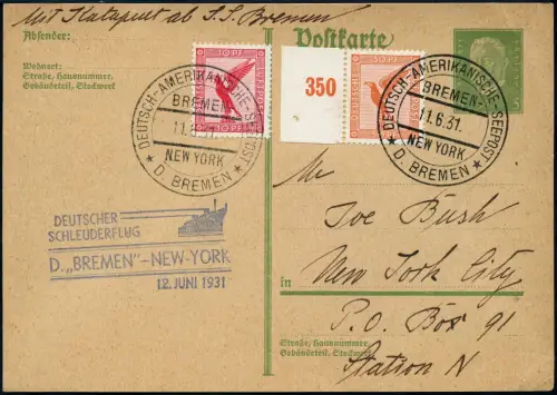 Katapult 1931 Dt. Reich Dampfer Bremen Seepostaufgabe USA Catapult H 48 b / 1150