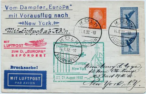 Katapult 1932 Dt. Reich Brief Nachbringeflug Köln New York Catapult H 101 c/1179