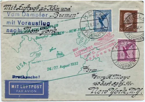 Katapult 1932 Dt. Reich Brief Nachbringeflug Köln New York Catapult H 102 c/1180