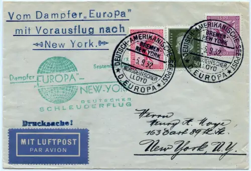 Katapult 1932 Dt. Reich Brief Seepost Bremen New York Catapult H 105 b / 1181