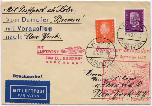 Katapult 1932 Dt. Reich Brief Nachbringeflug Köln New York Catapult H 106 c/1182