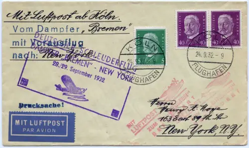 Katapult 1932 Dt. Reich Brief Nachbringeflug Köln New York Catapult H 108 c/1183