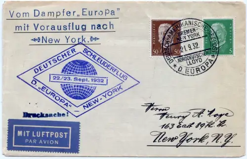 Katapult 1932 Dt. Reich Brief Seepost Europa New York Catapult H 109 b / 1184