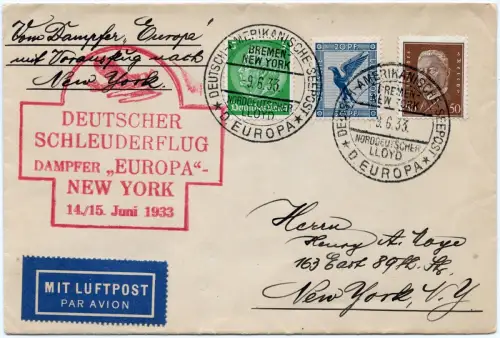 Katapult 1933 Dt. Reich Brief Seepost Europa New York Catapult H 121 b / 1185