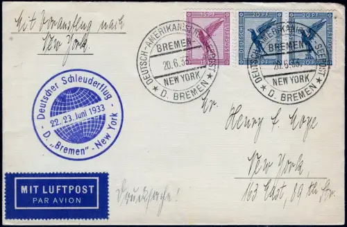 Katapult 1933 Dt. Reich Brief Seepost Bremen New York Catapult H 123 b / 1186