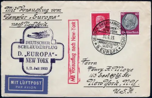 Katapult 1933 Dt. Reich Brief Seepost Europa New York Catapult H 125 b / 1187