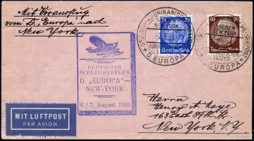 Katapult 1933 Dt. Reich Brief Seepost Europa New York Catapult H 133 b / 1189