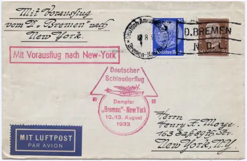Katapult 1933 Dt. Reich Brief Seepost Bremen New York Catapult H 134 b / 1190