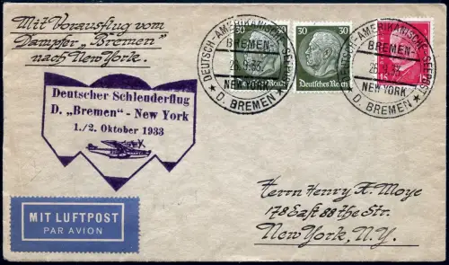 Katapult 1933 Dt. Reich Brief Seepost Bremen New York Catapult H 147 b / 1192