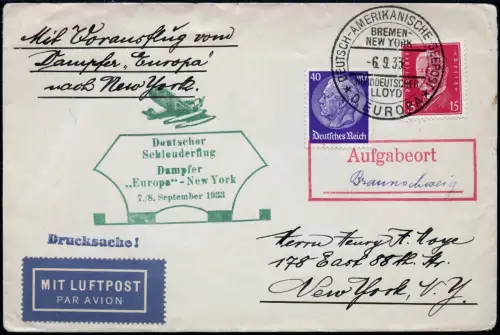 Katapult 1933 Dt. Reich Brief Seepost Europa Aufgabeort Catapult H 141 b / 1193