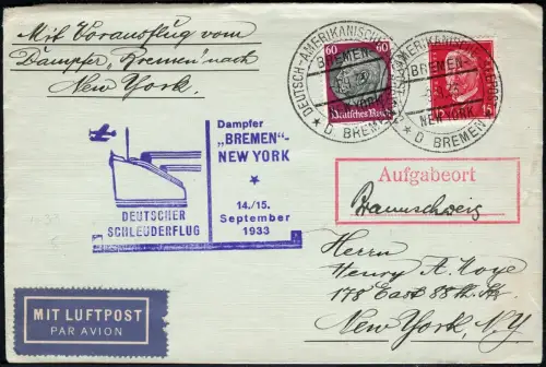 Katapult 1933 Dt. Reich Brief Seepost Bremen Aufgabeort Catapult H 131 b / 1194