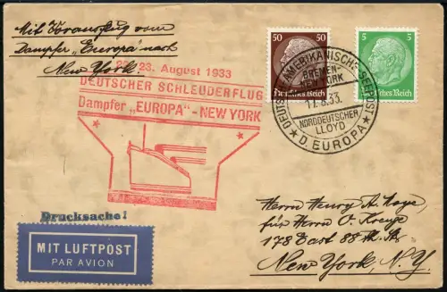 Katapult 1933 Dt. Reich Brief Seepost Europa New York Catapult H 137 b / 1196