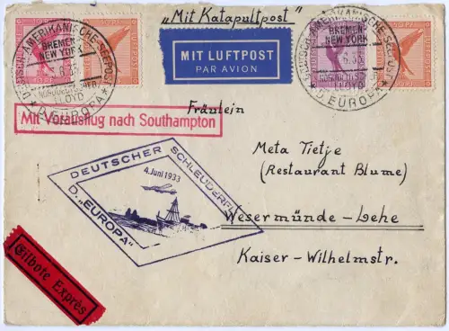 Katapult 1933 Dt. Reich Brief Seepost Eilboten Wesermünde Catapult H 118 b/1197