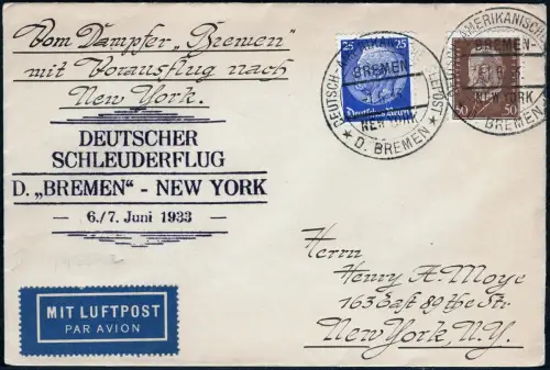 Katapult 1933 Dt. Reich Brief Seepost Bremen New York Catapult H 119 b / 1199