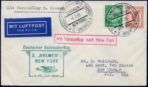 Katapult 1933 Dt. Reich Brief Seepost Bremen NY USA Catapult H 127 b / 1200