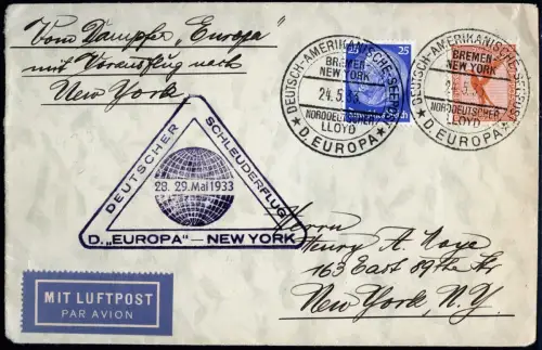 Katapult 1933 Dt. Reich Brief Seepost Europa NY USA Catapult H 117 b / 1201