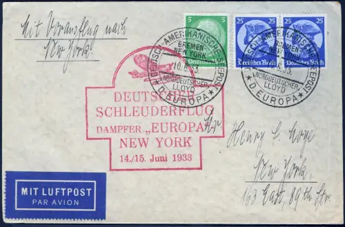 Katapult 1933 Dt. Reich Brief Seepost Top Frankatur USA Catapult H 121 b / 1202