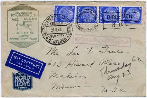 Katapult 1934 Dt. Reich Brief Seepost MeF Madison USA Catapult H 173 b / 1203
