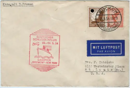 Katapult 1934 Dt. Reich Brief Landpost Buckow St. Louis Catapult H 153 a / 1205